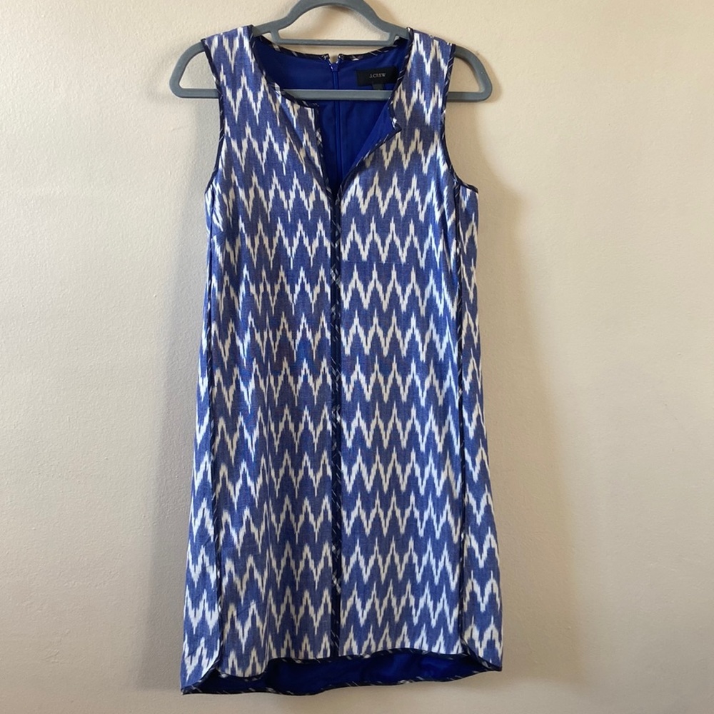 J. Crew Ikat Shift Dress Blue White Sleeveless High Low Hem Mini Size 2 Preppy - Picture 2 of 8